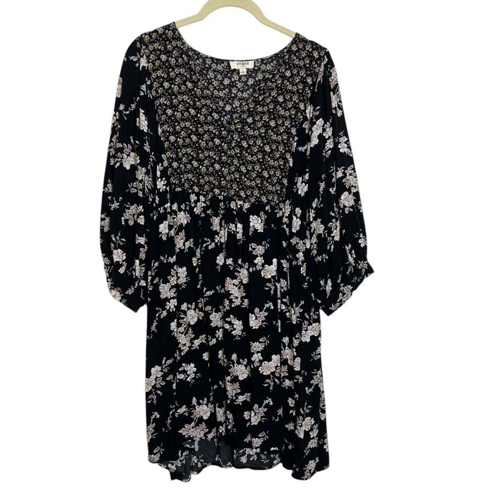Umgee Floral Mini Dress Puff Sleeves Size Large Black Pink Mixed Floral Print